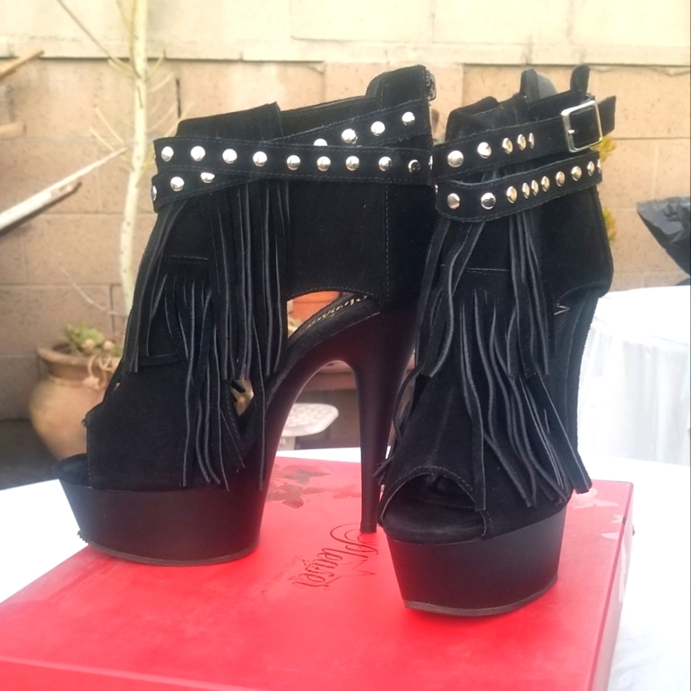 Pleasers Ankle Studded Strap Peekaboo toe Black Suede Tassel Size 8